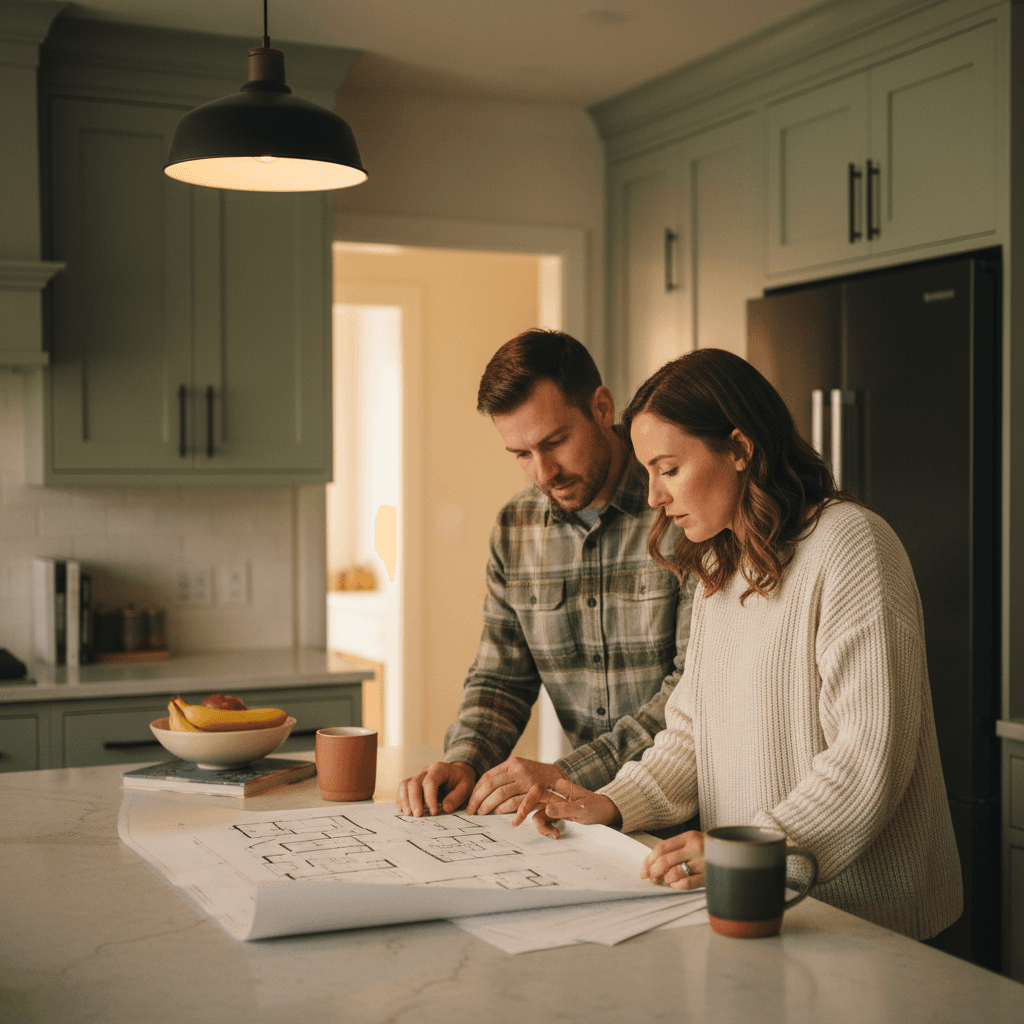 Homeowner couple reviewing project plans at their kitchen island